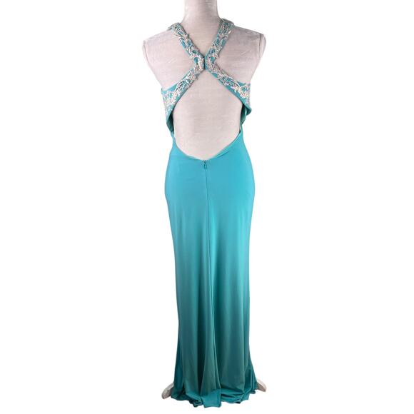 La Femme Embroidered-Bodice Prom Evening Gown Turquoise 6 Beaded - Picture 6 of 15